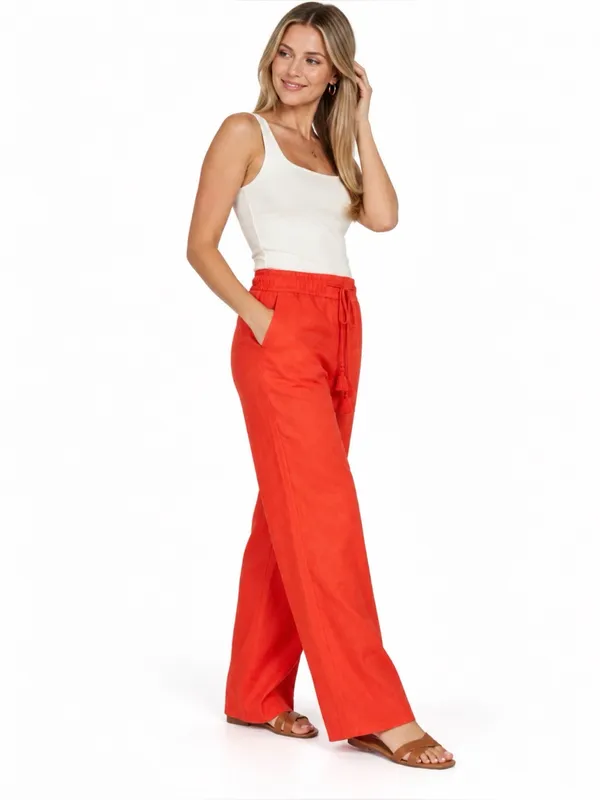 LOFT Women’s 12 Orange 100% Linen Wide Leg Tassel Drawstring Pull On Beach Pants - Image 4