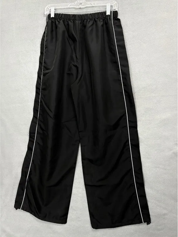 SHEIN Women's Black Wide-Leg Track Pants Relaxed Fit White Piping Pockets - Image 3
