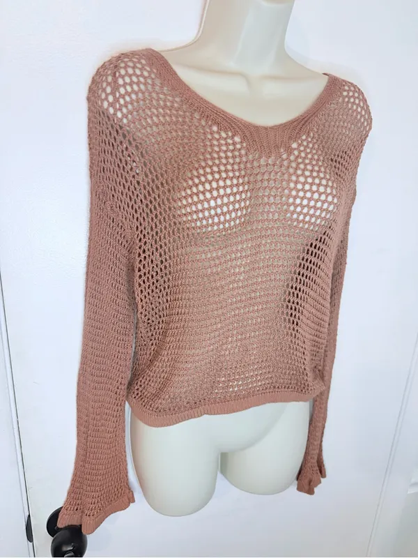 Happily Grey Open Knit Sweater Dusty Rose Mesh Crochet Size L Long Sleeve - Image 3