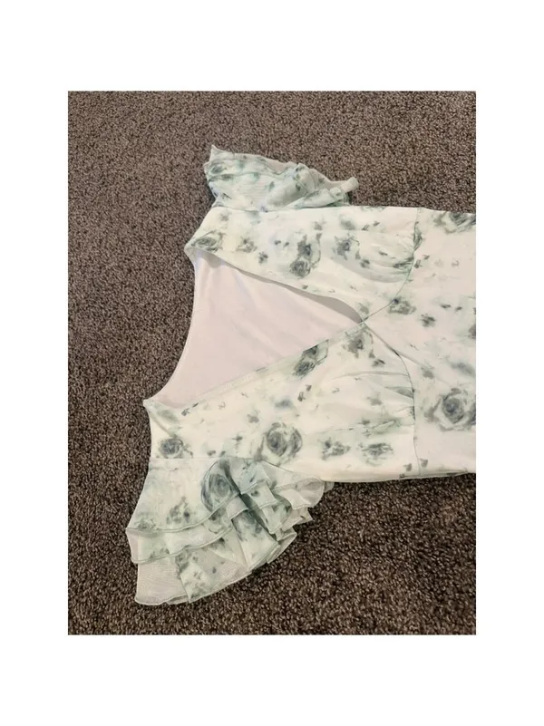 White Green Floral Maxi Dress Ruffle Sleeve Bodycon XS - Image 4