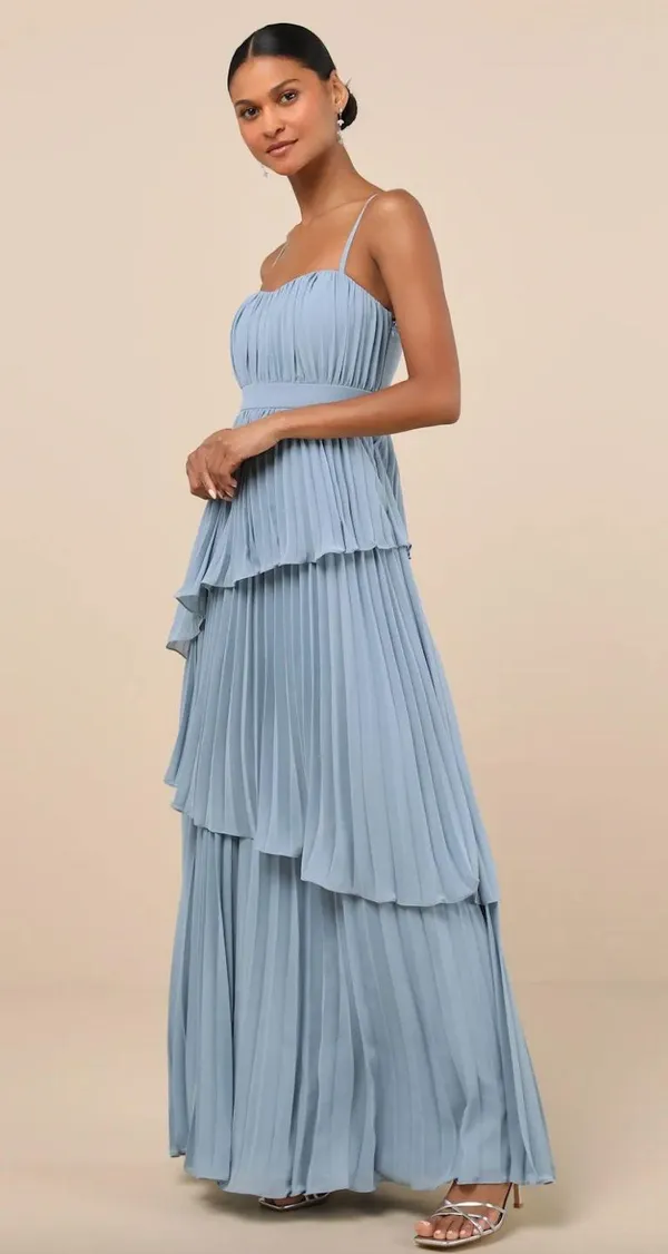 Lulus Jehona Dusty Blue Pleated Tiered Maxi Dress Long Formal A Line Small NWT - Image 4