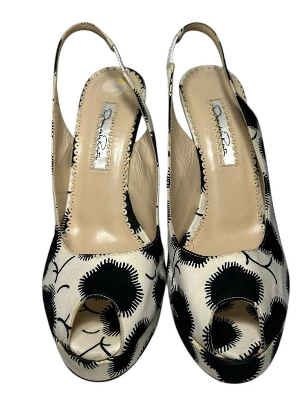 Oscar de la Renta Women’s 37.5 7.5 Black Cream Floral Slingback Platform Wedges - Image 5
