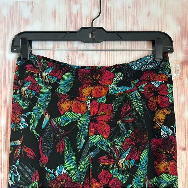 Mudd Y2K Pull On Flare Leg Boho Black Floral Red Tropical Blue Print Pants Sz M - Image 2