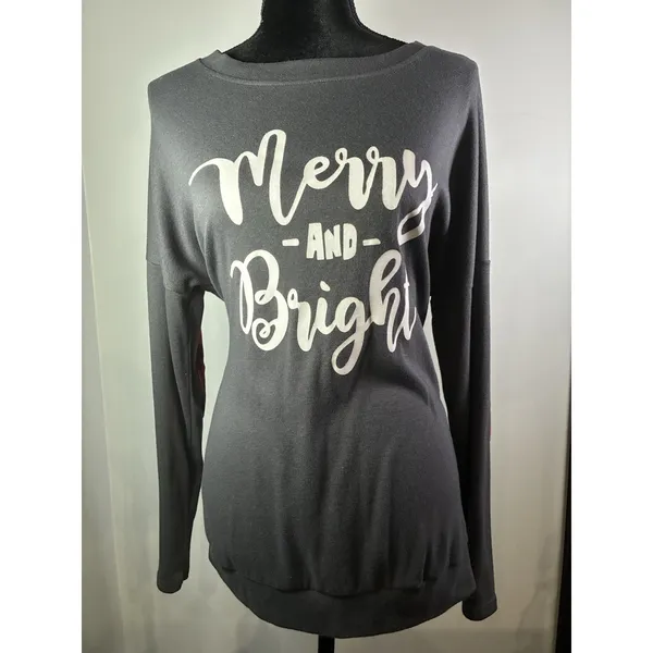 Leo Rosi Merry and Bright Christmas Sweatshirt Gray Plaid Elbow Patches‎ Medium - Image 2