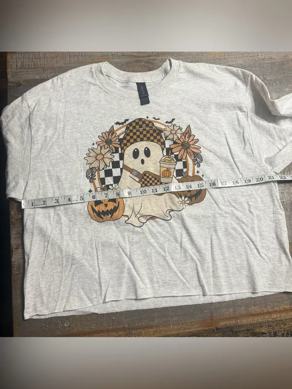 Gildan Light Gray Long Sleeve Cropped Ghost Graphic Tee with Orange Accents - Image 6