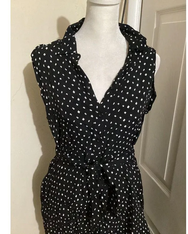 Anthropologie Tylho Dress Womens Small Black White Polka Dot Button Belted Sleeveless Pockets - Image 2