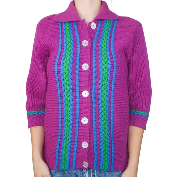 Vintage 70s Purple Collared Cardigan Sweater - Image 2
