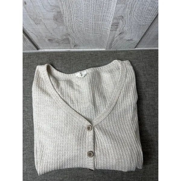 Lovely Melody Womens Beige Waffle Knit Peplum Button Top Size M Oversized - Image 3