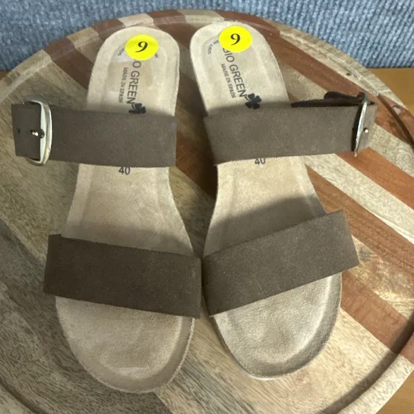 Bio Green Spain Wedge Slide Sandals Sz 40 Brown Leather Dual Suede Buckle Straps - Image 9
