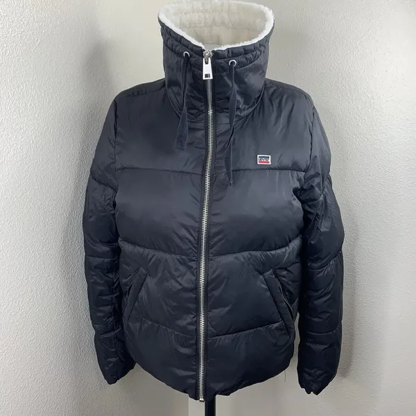 Levis Nylon Puffer Jacket Sherpa Black Sz L Women’s Zipper Coat - Image 2