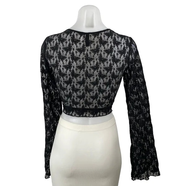 H&M Women's Black Butterfly Floral Lace Mesh Sheer Long Sleeve Crop Top Size M - Image 4