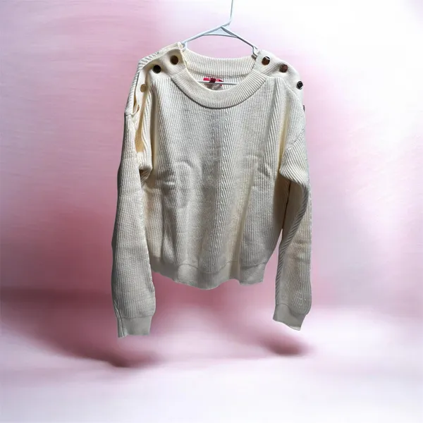 Women’s Cream Ribbed Knit Sweater Button Shoulder Detail Long Sleeve - Image 10