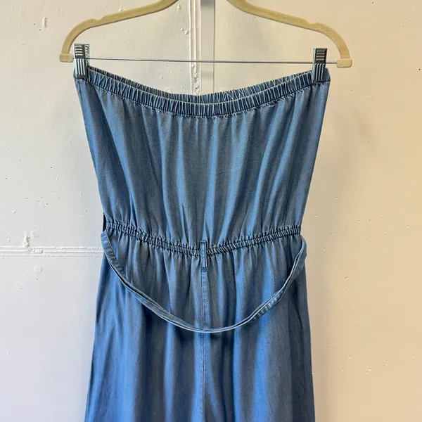 Forever 21 Strapless Lyocell Wide Leg Jumpsuit Medium Chambray‎ Belted Tube Blue - Image 5