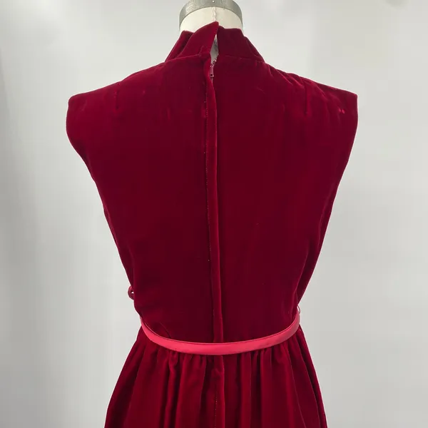 Vintage 60s Velvet Belted Tie Waist Mini Dress High Neck Stand Collar Maroon Red - Image 7
