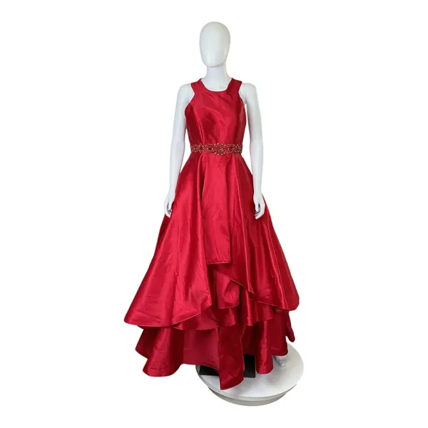 Mac Duggal Red Tiered‎ Ruffle Beaded Waist High Neck Ball Gown Dress Size 8 - Image 8