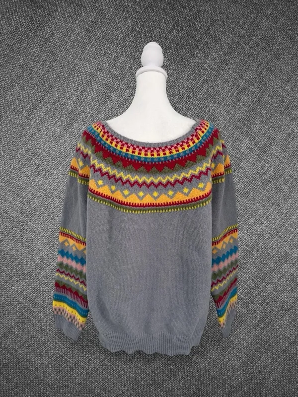 Women’s XL Gray Multicolor Fair Isle Knit Pullover Sweater - Image 7