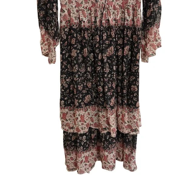 H&M‎ Black Floral Ruffle V-Neck Tiered Midi Dress Boho Cottagecore Fall - Image 3
