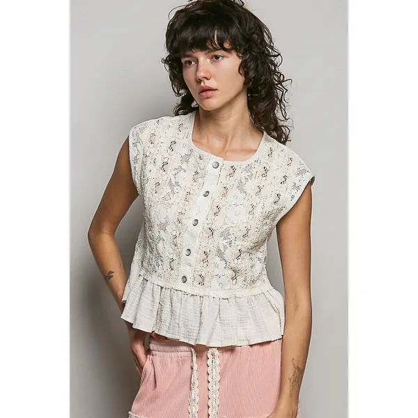 POL Round Neck‎ Lace Sleeveless Top with Double Gauze Ruffle - Small - Image 2