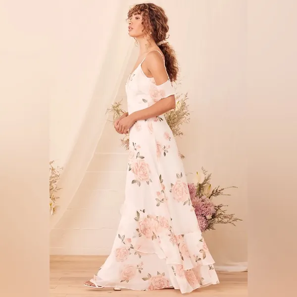 Lulus Take You‎ There Floral Print Maxi Dress in Ivory Size Small - Image 4