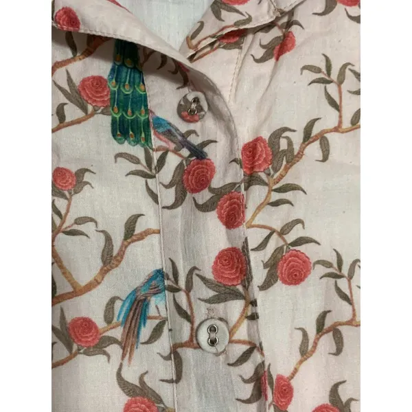 Beau & Ro Peacock Floral Block Print Cotton Midi Shirt Dress S Cream Green Boho - Image 7