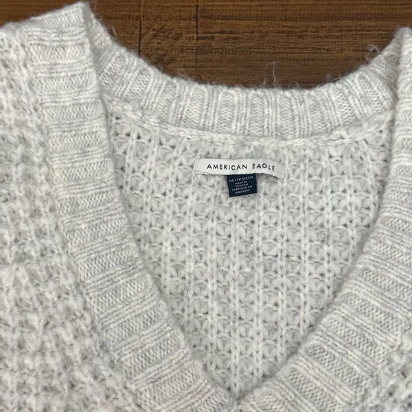 American Eagle Womens Knit V-Neck Sweater XS‎ Extra Small Beige Waffle Texture - Image 2