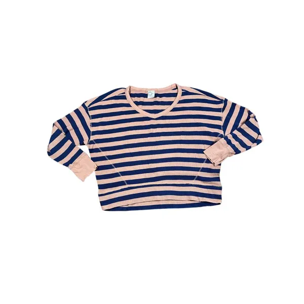 OFFLINE by Aerie Striped Waffle Knit Crop Top Long Sleeve‎ Navy Pink Casual M/M - Image 2