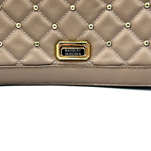 Badgley Mischka Quilted Crossbody Bag Women‎ Small Taupe Gold Studded Glam Purse - Image 3