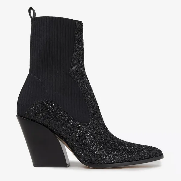 Jimmy Choo Mele Glitter 85 Chelsea Stretch Knit Block Heel Ankle Boots Black 36 - Image 2