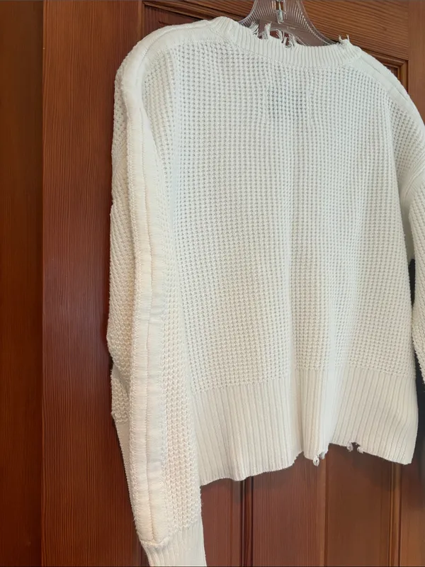 Pistola White Distressed Waffle-Knit Crewneck Sweater - Image 3