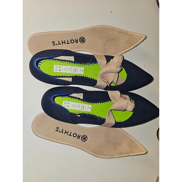 Rothy's Womens Navy The Point‎ Mary Jane Flats Shoes With Tan Bow Strap 10.5 - Image 5