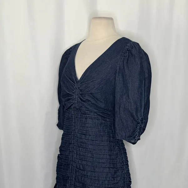 TANYA TAYLOR Pansy Dress Blue‎ Denim Pleated Mini Puffed Sleeves Flirty Size 6 - Image 6
