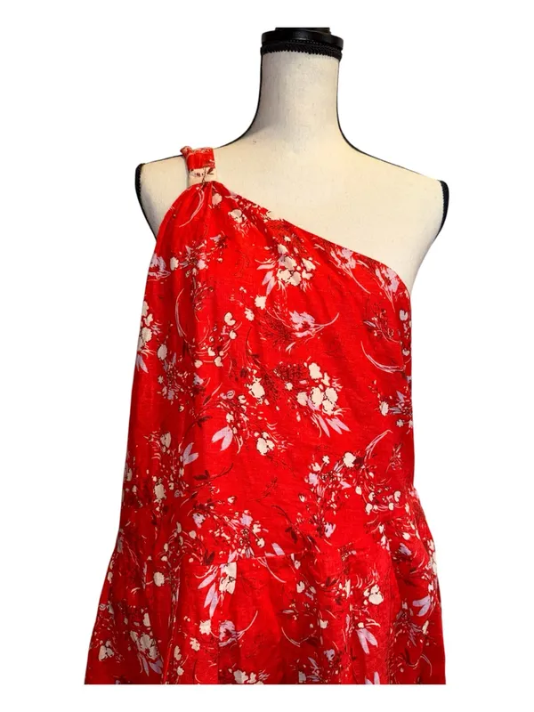 Free People All Mine Mini Red White Strapless Printed Dress one shoulder zip L - Image 4