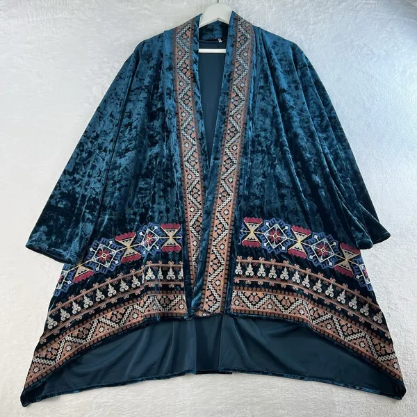 Boho Large L Crushed Velvet Kimono Embroidered Teal Open Front ANDREE By Unit - Image 4