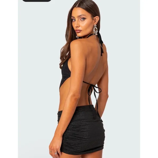 Edikted Black Rhinestone Handkerchief Halter Top & Ruched Mini Skirt Set Size M - Image 2