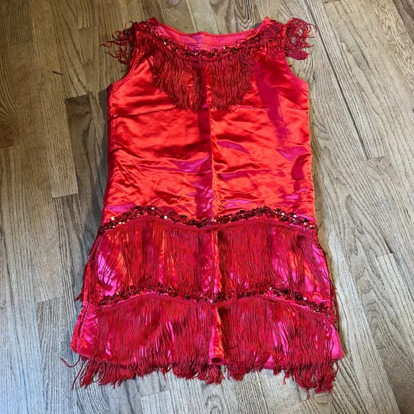 Encore Roots Red Satin Fringe Sequin Flapper Dress Vintage Made in USA Womens M - Image 2