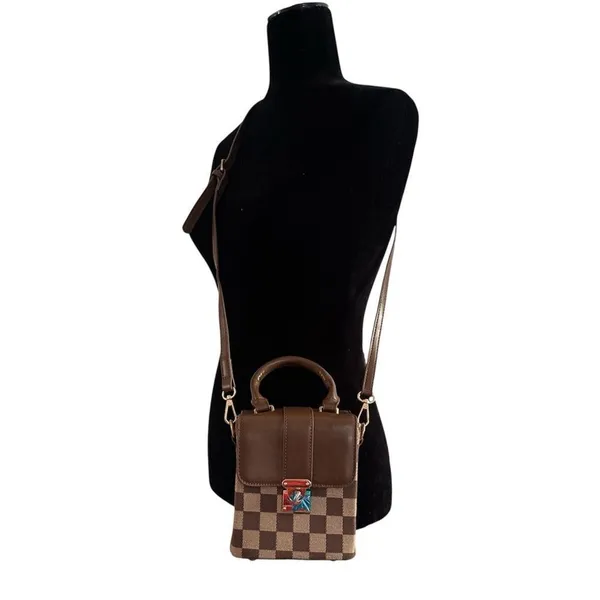 Elegant Brown Checkered Crossbody Bag NWT - Image 3