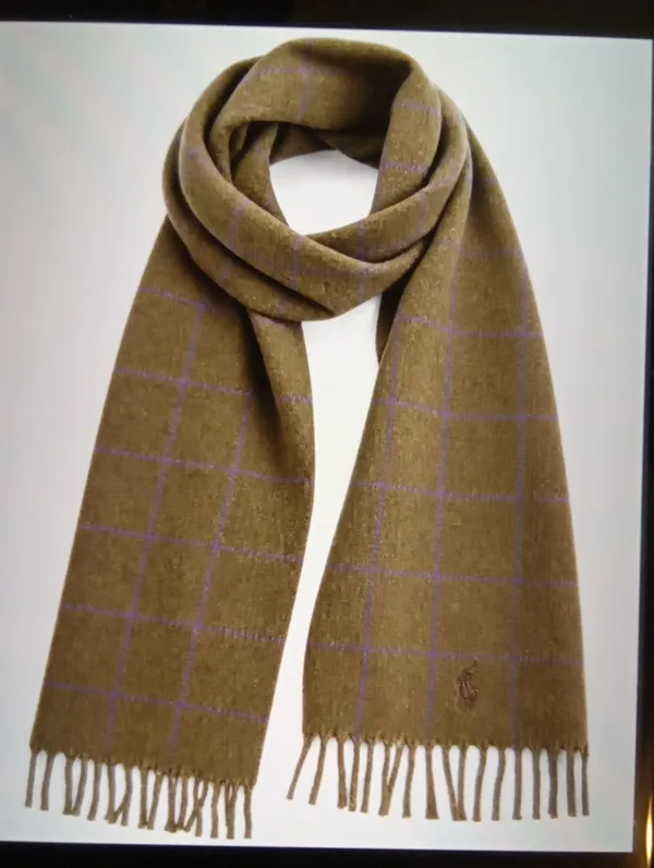 Polo by Ralph Lauren Olive Fringe Scarf Lambswool Windowpane Old Money - Image 2