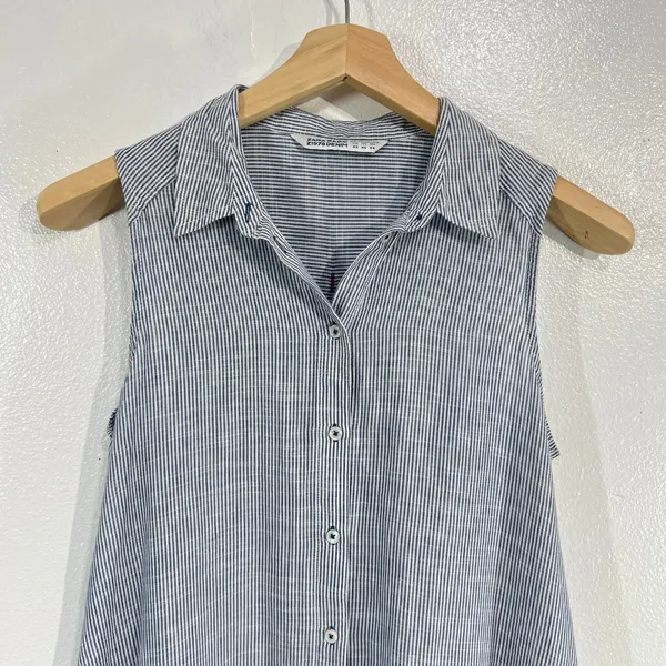 Zara Basic Striped Button Down Tunic Dress XS Blue‎ White Cotton Sleeveless Boho Blue - Image 7