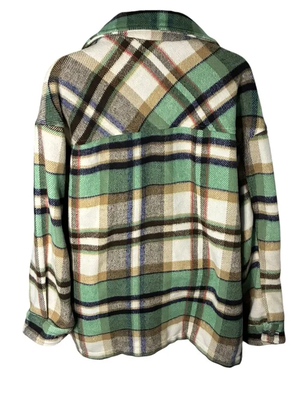 Zara Plaid Shacket Overshirt Snap Front Green Cream Large L - Image 6