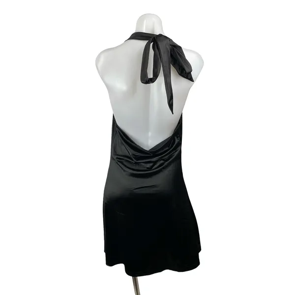 NEW Zaful Black Silk Satin Halter Cowl Neck Backless A Line Mini Dress Size M - Image 4