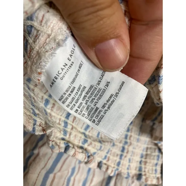 American Eagle Cami Crop Top Womens S Blue Tan‎ Excellent Striped Smocked Back - Image 5