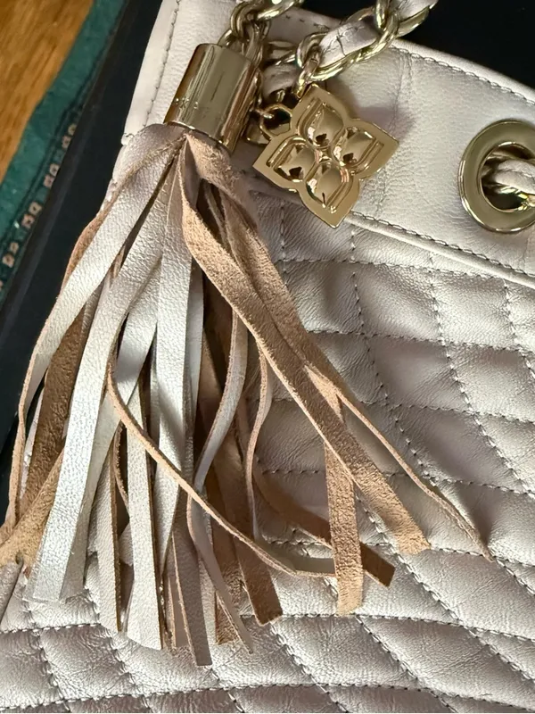 BCBGMaxAzria Quilted Tassel Shoulder Bag in Light Cream - Image 3