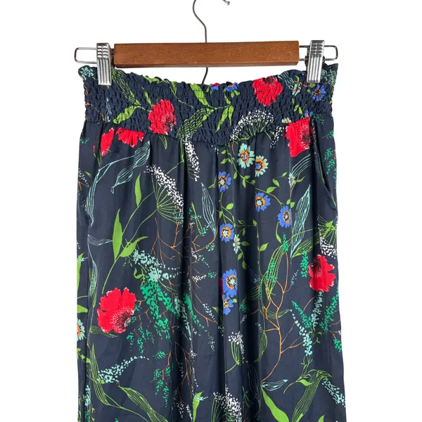 Aerie Wide Leg Pants Womens Small‎ Navy Blue Floral Smocked High Waist 3992 - Image 3