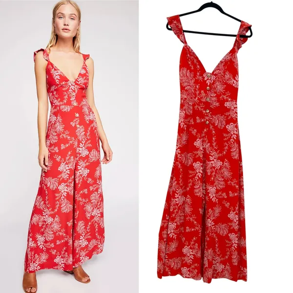 Free People Be The One Jumpsuit Floral‎ Print Button Wide Leg Red Size 4 - Image 2