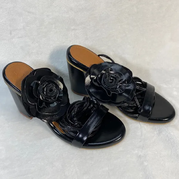 Lovella Flower Black Heel Sandals Block Heel Slip On Mules‎ Size 7/37 - Image 3