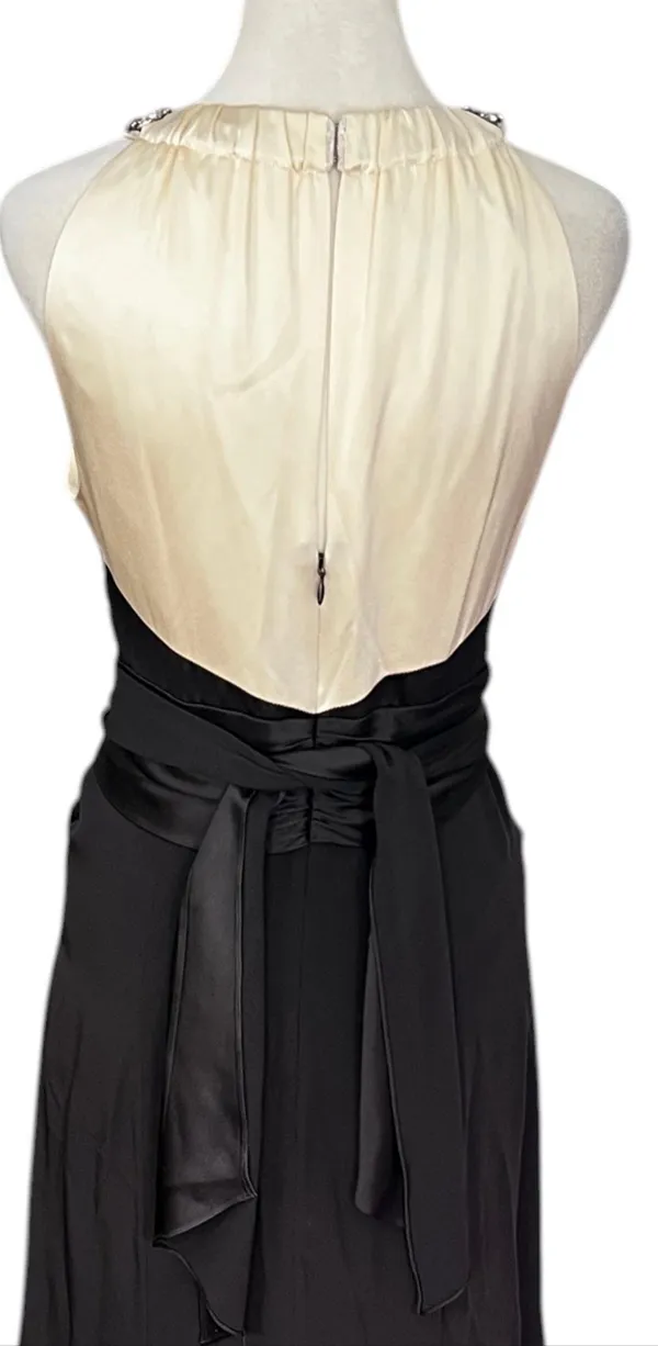 Rickie Freeman Teri Jon 100% Silk Jeweled Halter Black Ivory Formal Gown 6 - Image 7