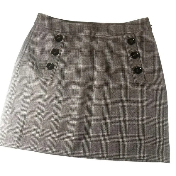 Banana Republic Women's 100% Wool Plaid Mini Skirt Brown‎ Check Button Front 4 - Image 2