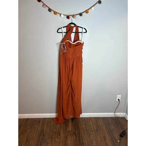 NWT Azazie Lamara Burnt Orange Off the Shoulder Chiffon Convertible Jumpsuit - Image 6