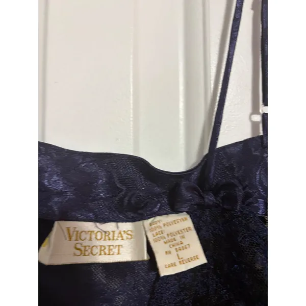Victoria's Secret Slip Dress Vintage Jacquard Navy Blue Lace Trim Large Coquette - Image 4