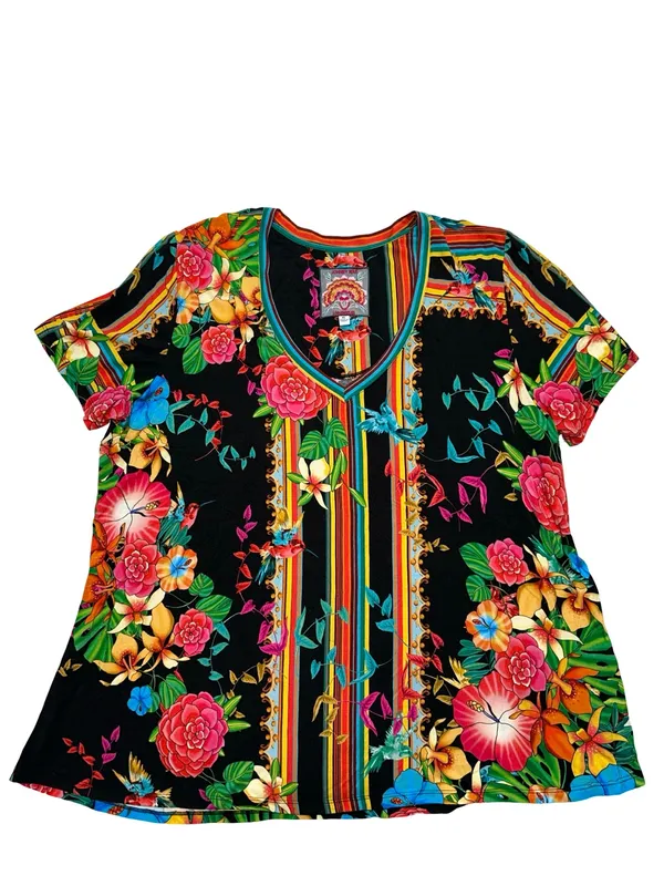 Johnny Was Women’s Size XL Black Multi Floral Bird Stripe V-Neck Tee T-Shirt - Image 2